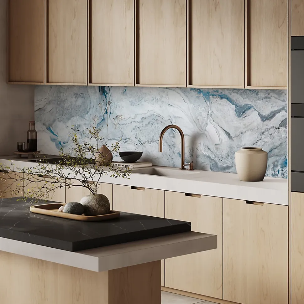 Crédence de cuisine effet marbre bleu lagon IDPanneaux L. 300 x H. 60 cm