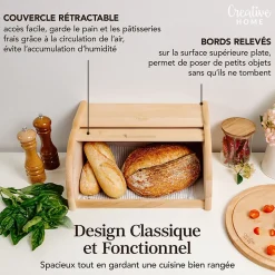 Creative Home Boîte à Pain Naturel - 38 x 28,5 x 17,5 cm (+/- 1 cm) - Boite a Pain Bois - Huche Pain - Corbeille a Pain