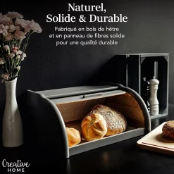 Creative Home Boîte à Pain Gris - 38 x 28,5 x 17,5 cm (+/- 1 cm) - Boite a Pain Bois - Huche à Pain - Boite en Bois