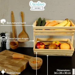 Creative Home Corbeille à Fruits en Bois à Deux Étages 36x28x30cm - Panier de Fruits - Fruits Légumes - Stockage et Organisation