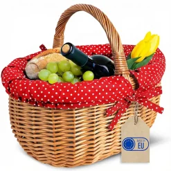 Creative Home Grand Panier Osier Avec Poignée - Bordure À Pois Rouge - 43 x 32 x 37 cm - Brun Naturel