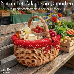 Creative Home Grand Panier Osier Avec Poignée - Bordure À Pois Rouge - 43 x 32 x 37 cm - Brun Naturel