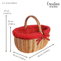 Creative Home Grand Panier Osier Avec Poignée - Bordure À Pois Rouge - 43 x 32 x 37 cm - Brun Naturel
