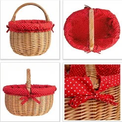 Creative Home Grand Panier Osier Avec Poignée - Bordure À Pois Rouge - 43 x 32 x 37 cm - Brun Naturel
