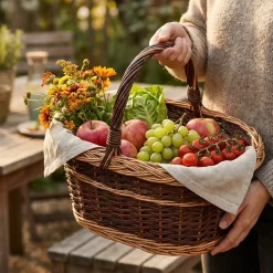 Creative Home Grand Panier Osier Bicolore Avec Anse 48 x 34 x 40 cm - Panier Fruits Cadeau - Brun Naturel