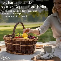 Creative Home Grand Panier Osier Bicolore Avec Anse 48 x 34 x 40 cm - Panier Fruits Cadeau - Brun Naturel