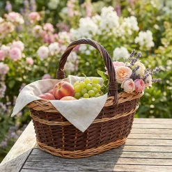 Creative Home Grand Panier Osier Bicolore Avec Anse 48 x 34 x 40 cm - Panier Fruits Cadeau - Brun Naturel