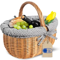 Creative Home Grand Panier Osier Avec Poignée - Bordure À Pois Gris - 43 x 32 x 37 cm - Brun Naturel