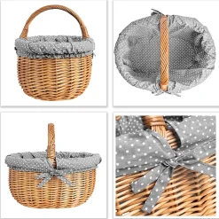 Creative Home Grand Panier Osier Avec Poignée - Bordure À Pois Gris - 43 x 32 x 37 cm - Brun Naturel