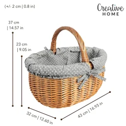 Creative Home Grand Panier Osier Avec Poignée - Bordure À Pois Gris - 43 x 32 x 37 cm - Brun Naturel