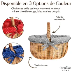 Creative Home Grand Panier Osier Avec Poignée - Bordure À Pois Gris - 43 x 32 x 37 cm - Brun Naturel