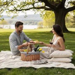 Creative Home Grand Panier Osier Avec Poignée - Bordure À Pois Gris - 43 x 32 x 37 cm - Brun Naturel