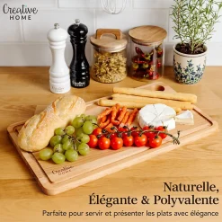 Creative Home Grande Planche a Decouper Bois - 42 x 24,5 x 1,5 cm - avec Rainure pour le Jus - Bois de Hêtre Naturel - Double Face