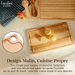 Creative Home Grande Planche a Decouper Bois - 42 x 24,5 x 1,5 cm - avec Rainure pour le Jus - Bois de Hêtre Naturel - Double Face