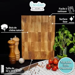 Creative Home Grande Planche a Decouper Bois 32 x 24 x 4 cm - Grand Bloc de Bouchers Professionnels - Chêne Naturel - Double Face