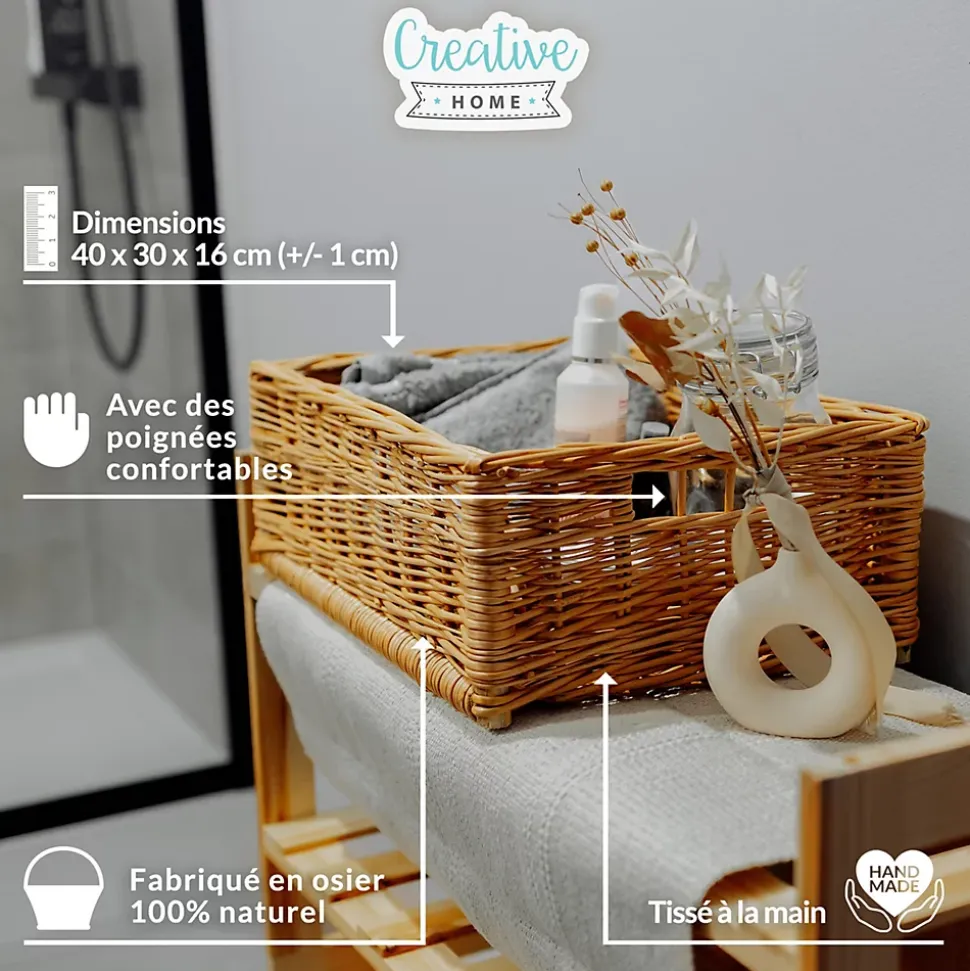 Creative Home Lot de 3 Panier De Rangement En Osier 40 x 30 x 16 cm - Petit Panier Tressé Pour Salle De Bain Cuisine Maison
