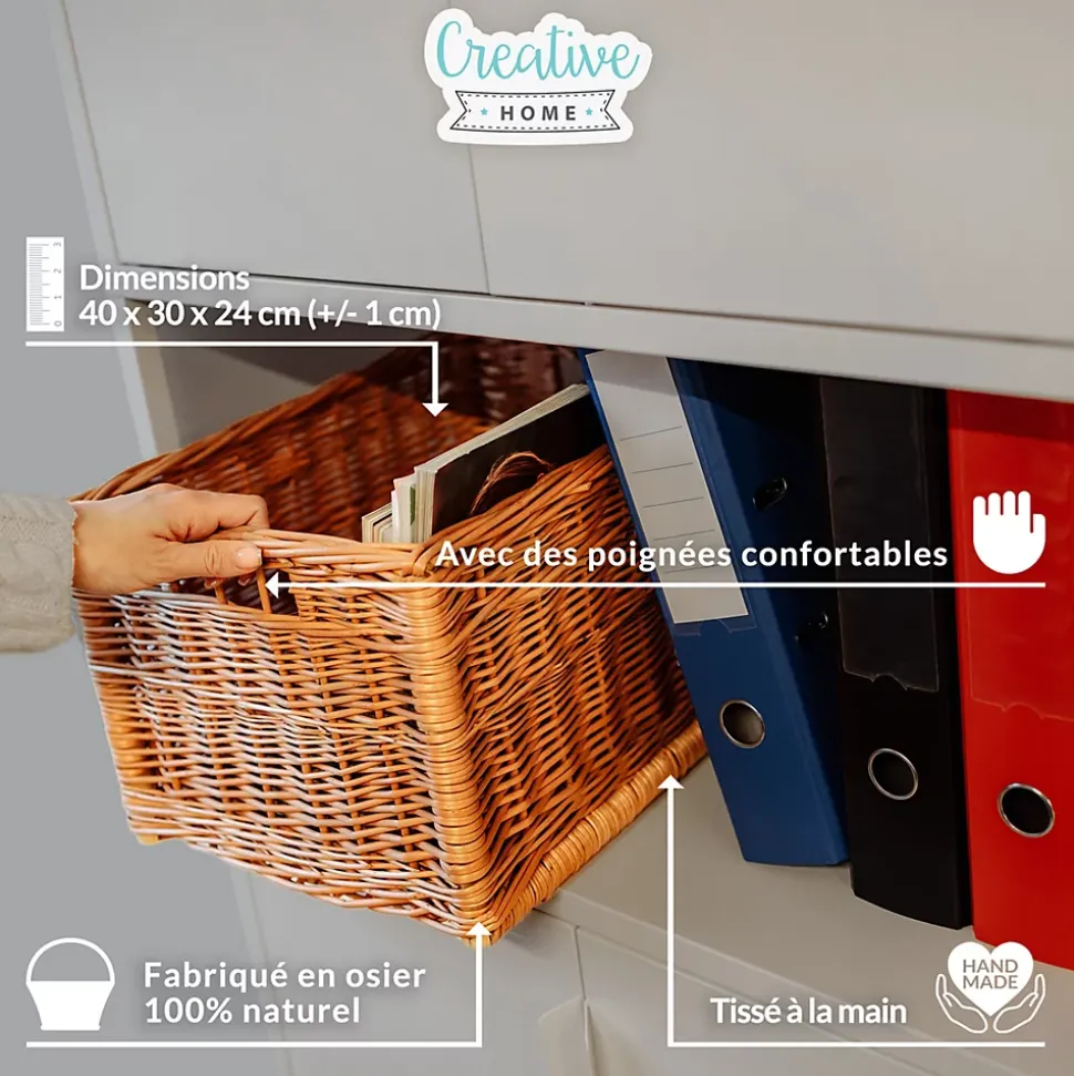 Creative Home Lot de 3 Panier De Rangement En Osier 40 x 30 x 24 cm - Petit Panier Tressé Pour Salle De Bain Cuisine Maison