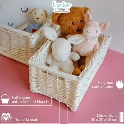 Creative Home Panier De Rangement En Osier Blanc 30 x 20 x 16 cm - Petit Panier Tressé Pour Salle De Bain Cuisine Maison