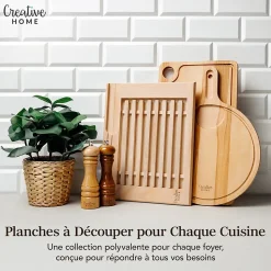 Creative Home Pizza Planche a Decouper en Bois 40x30x1,5cm - Poignée Rainure pour Jus et Espace pour Bol - Bois de Hêtre Naturel
