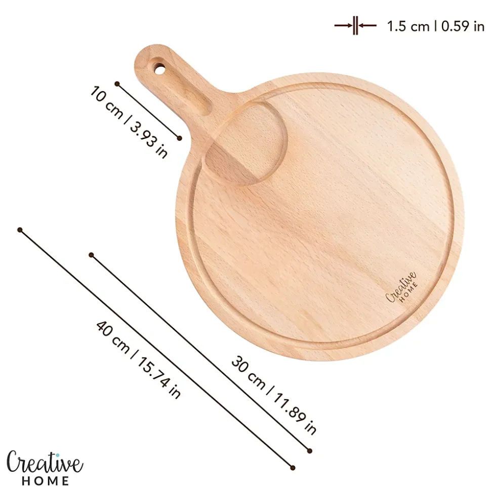 Creative Home Pizza Planche a Decouper en Bois 40x30x1,5cm - Poignée Rainure pour Jus et Espace pour Bol - Bois de Hêtre Naturel