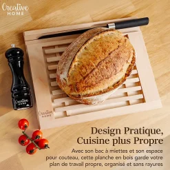 Creative Home Planche a Decouper en Bois - 35,5 x 28,5 x 2 cm - avec Compartiment Ramasse Miette Amovible - Bois de Hêtre Naturel