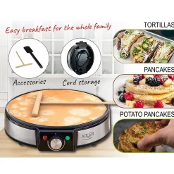 Crêpière ADLER AD 3058 - Diamètre plaque chauffante 30 cm - Puissance maximale 1600W, Contrôle de température en douceur