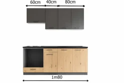 CUISINE COMPLETE CLARA gris et chêne 1m80 NON MONTEE SANS ELECTROMENAGER 6 meubles