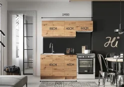 CUISINE COMPLETE 1ER PRIX MELA CHENE FONCE 1M80 NON MONTEE SANS ELECTROMENAGER AVEC PLAN DE TRAVAIL 5 MEUBLES