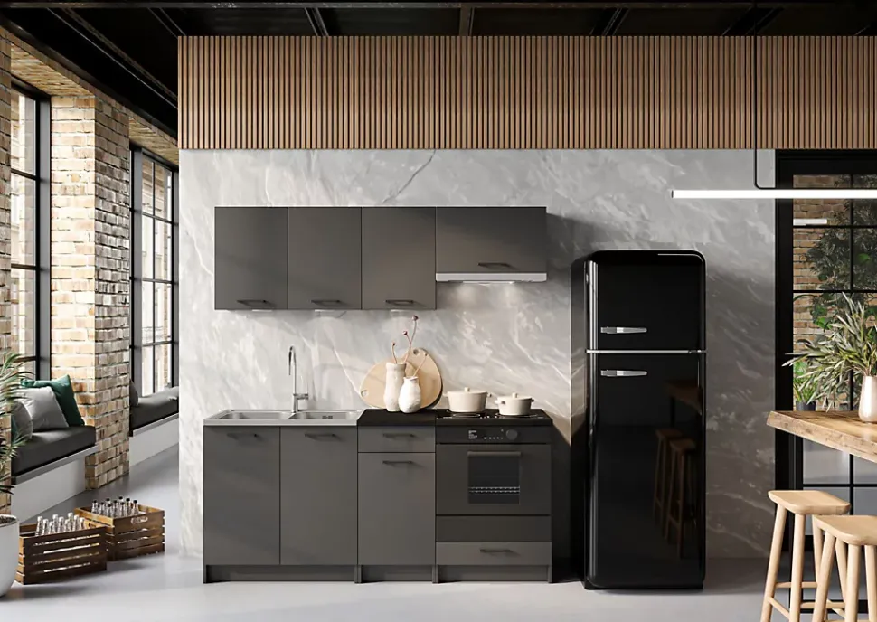 CUISINE COMPLETE LINA GRIS FONCE 1M80 NON MONTEE SANS ELECTROMENAGER AVEC PLAN DE TRAVAIL 6 MEUBLES