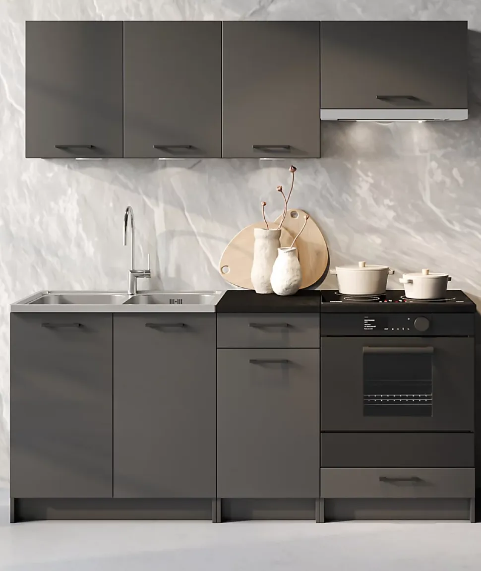 CUISINE COMPLETE LINA GRIS FONCE 1M80 NON MONTEE SANS ELECTROMENAGER AVEC PLAN DE TRAVAIL 6 MEUBLES