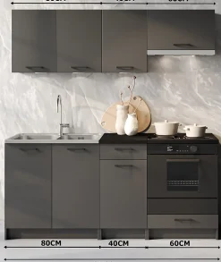 CUISINE COMPLETE LINA GRIS FONCE 1M80 NON MONTEE SANS ELECTROMENAGER AVEC PLAN DE TRAVAIL 6 MEUBLES