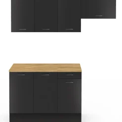 Cuisine complète 180 cm SUBTIL avec plan de travail 5 éléments noir et plateaux bois