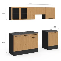 Cuisine complète 240 cm SUBTIL avec vitrine + plan de travail 7 éléments noir et façon hêtre