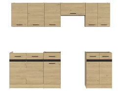 Cuisine complète 240 cm,Ensemble de meuble de cuisine coloris Blanc/Chêne berstein, plan de travail non inclus