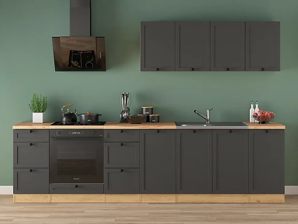 Cuisine complète 300 cm,Ensemble de meuble de cuisine coloris Gris graphite/Chêne bernstien, plan de travail non inclus