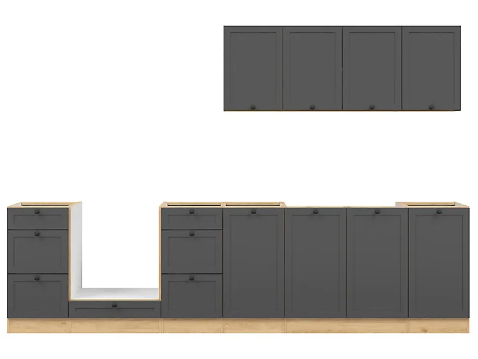 Cuisine complète 300 cm,Ensemble de meuble de cuisine coloris Gris graphite/Chêne bernstien, plan de travail non inclus