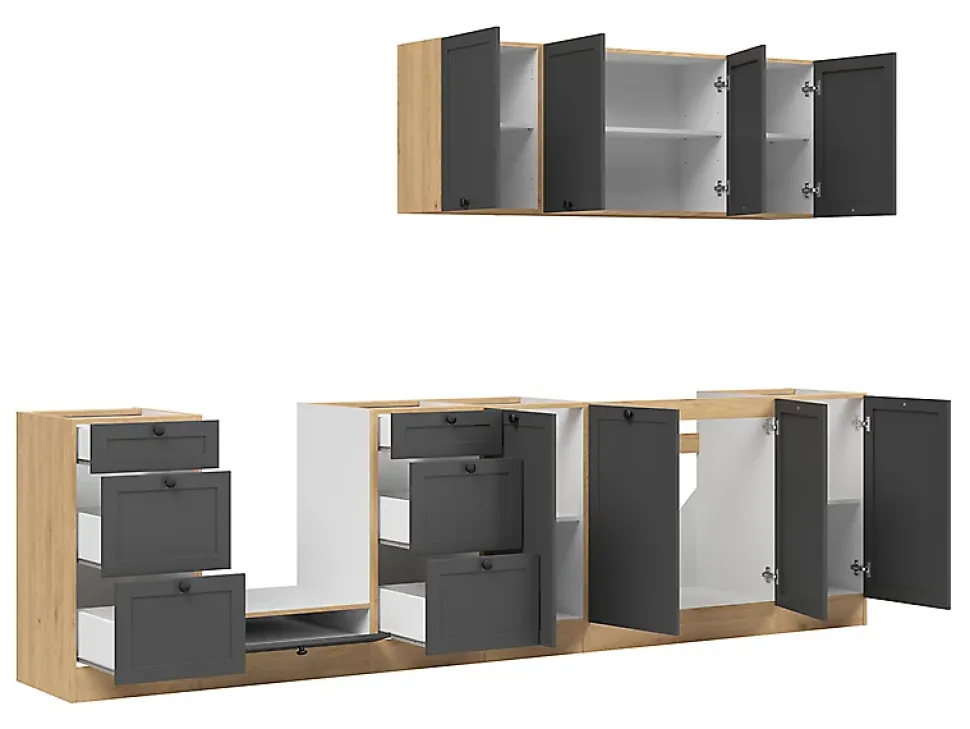 Cuisine complète 300 cm,Ensemble de meuble de cuisine coloris Gris graphite/Chêne bernstien, plan de travail non inclus