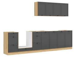 Cuisine complète 300 cm,Ensemble de meuble de cuisine coloris Gris graphite/Chêne bernstien, plan de travail non inclus