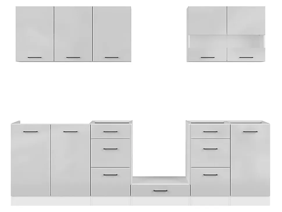Cuisine complète 260 cm,Ensemble de meuble de cuisine coloris Blanc/Gris clair brillant, plan de travail non inclus