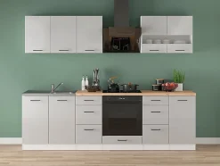 Cuisine complète 260 cm,Ensemble de meuble de cuisine coloris Blanc/Gris clair brillant, plan de travail non inclus