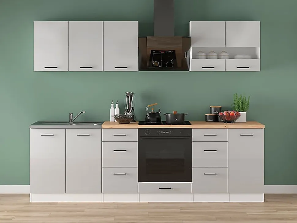 Cuisine complète 260 cm,Ensemble de meuble de cuisine coloris Blanc/Gris clair brillant, plan de travail non inclus