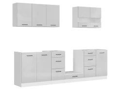 Cuisine complète 260 cm,Ensemble de meuble de cuisine coloris Blanc/Gris clair brillant, plan de travail non inclus