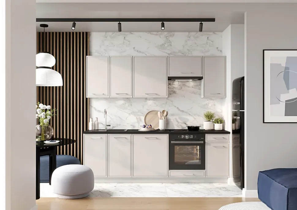 Cuisine complète Bora 8 éléments couleur beige mat avec plan de travail inclus - Longueur 180/240 cm