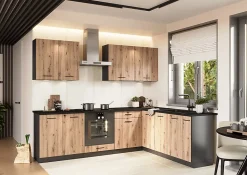 Cuisine complète d'angle ANIA 9 éléments couleur Chêne Artisan, Graphite - Longueur 200/260 cm