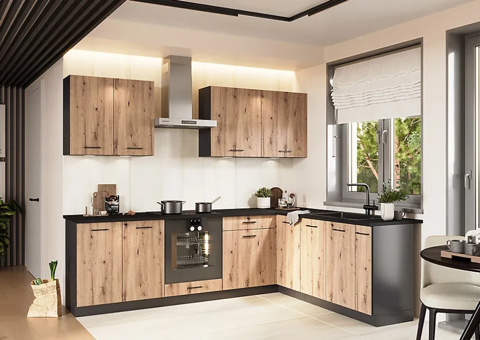 Cuisine complète d'angle ANIA 9 éléments couleur Chêne Artisan, Graphite - Longueur 200/260 cm