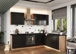 Cuisine complète d'angle ISYA 9 éléments couleur Noir/Chêne Artisan - Longueur 200/260 cm