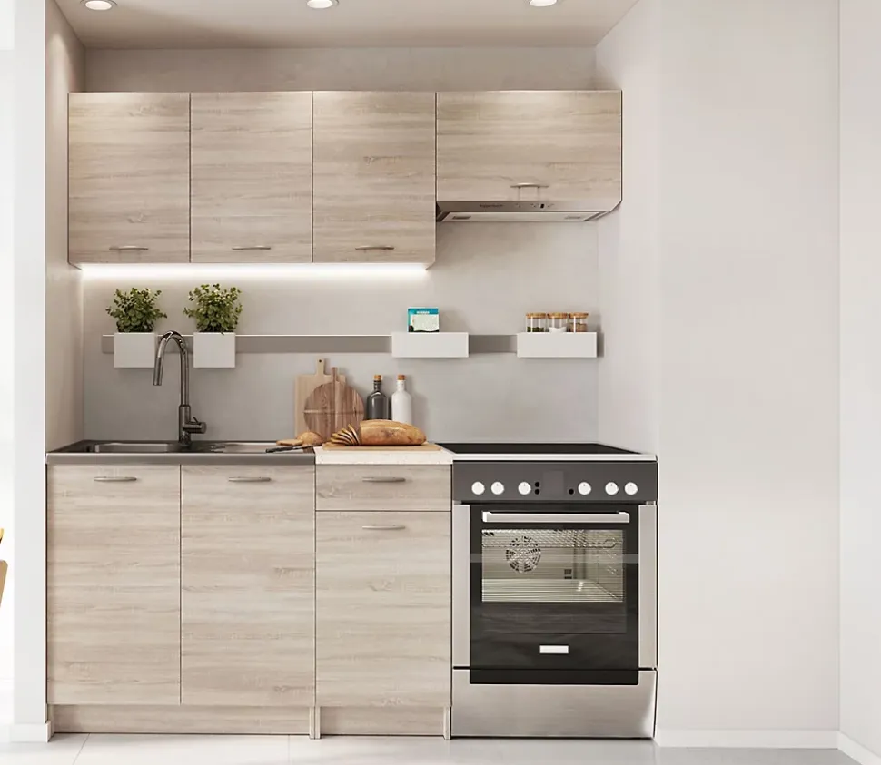 Cuisine complète L 180cm 5 éléments couleur chêne sonoma plan de travail inclus Mila