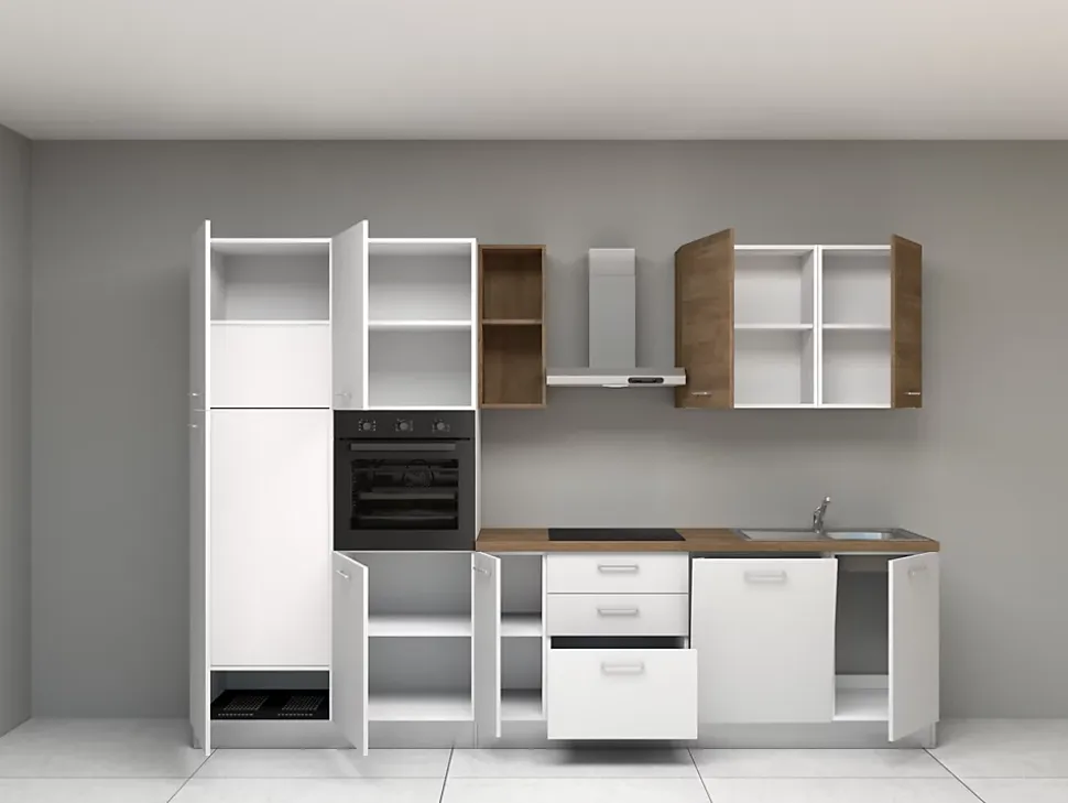 Cuisine complète montée All in Daphne blanc et imitation chêne L. 315 cm avec électroménager