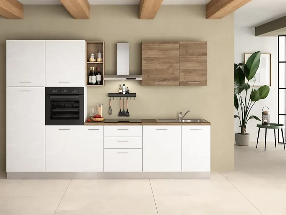 Cuisine complète montée All in Daphne blanc et imitation chêne L. 315 cm avec électroménager