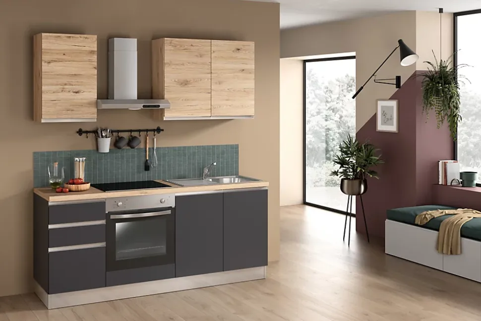 Cuisine complète montée All in Dalia gris anthracite et imitation chêne L. 195 cm avec électroménager